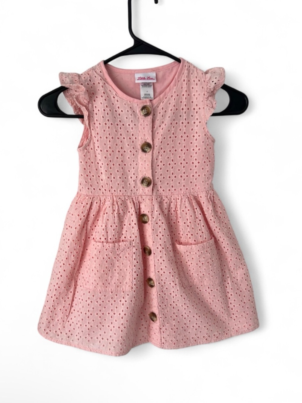 Little Lass Pink Eyelet Button-Front Dress with Pockets